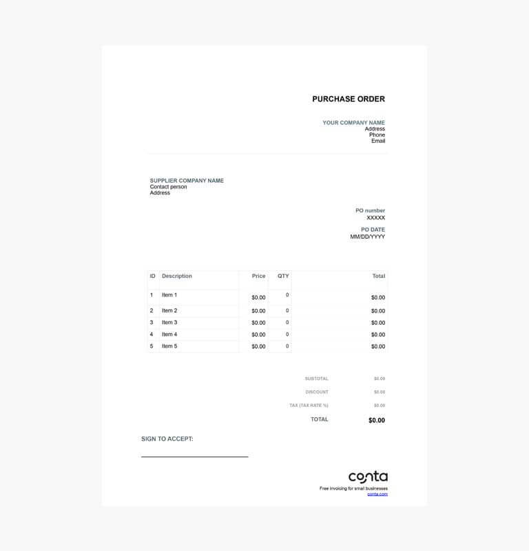 A purchase order made using a purchase order template