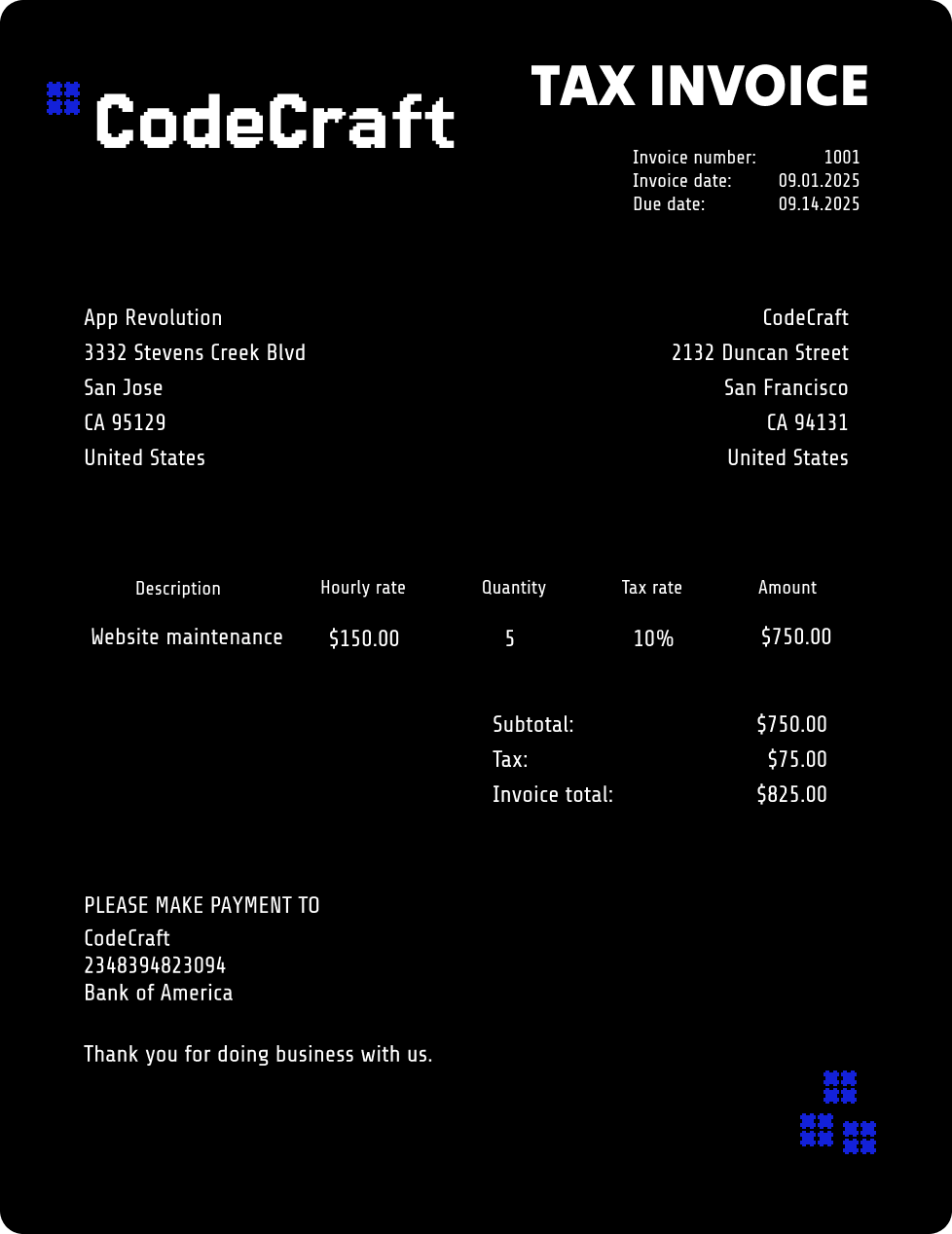 Invoice example showing an hourly rate invoice