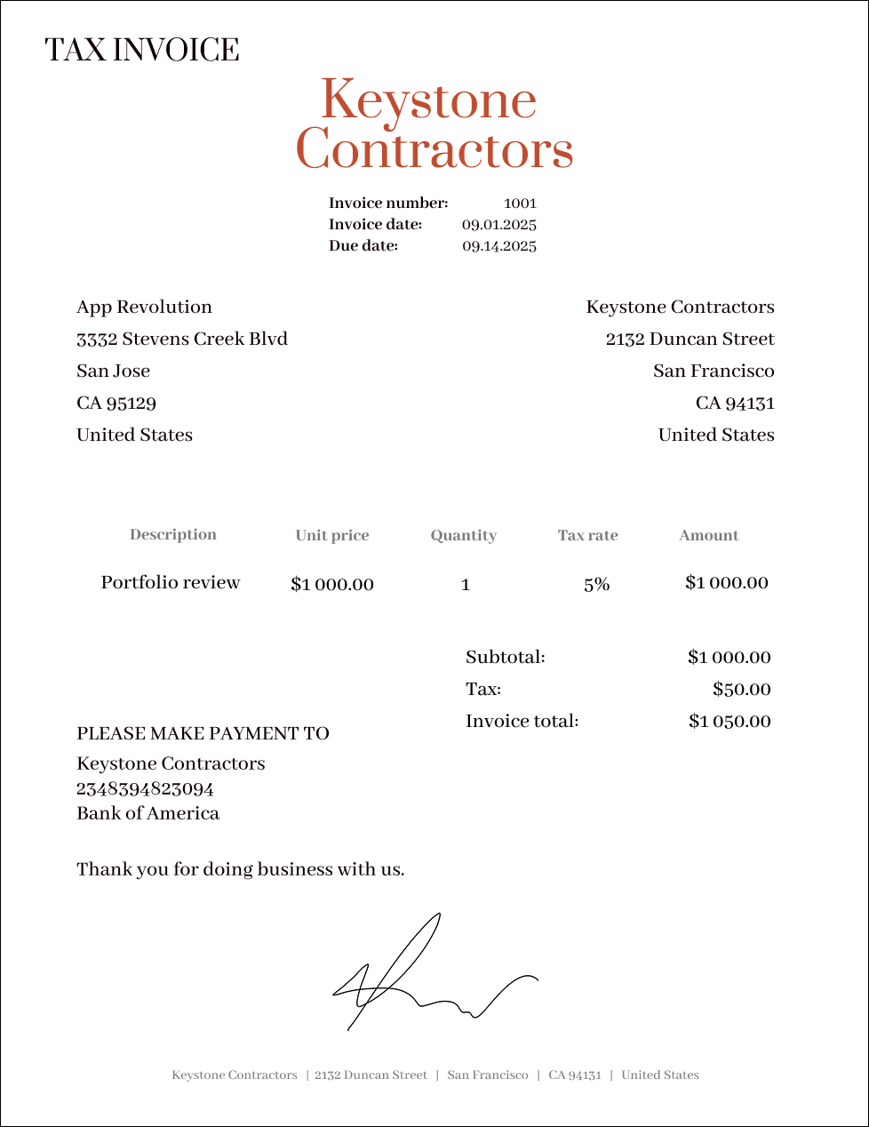 Invoice example showing a tax invoice