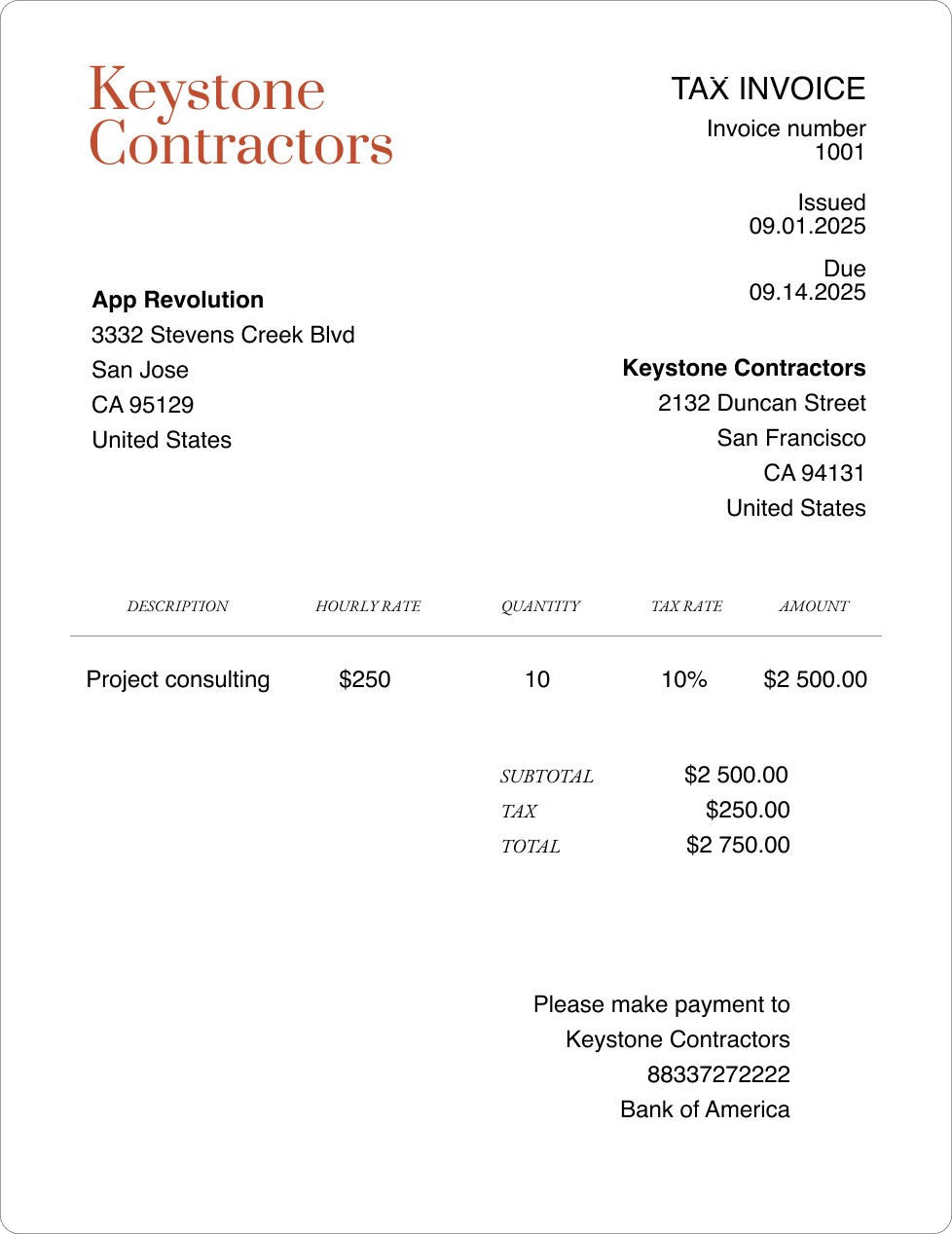 Invoice example showing a minimalist invoice