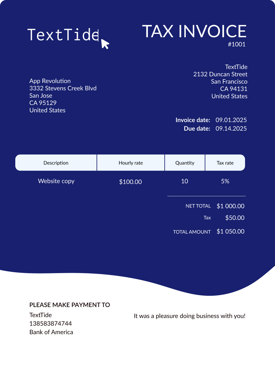 Invoice example showing an invoice for services