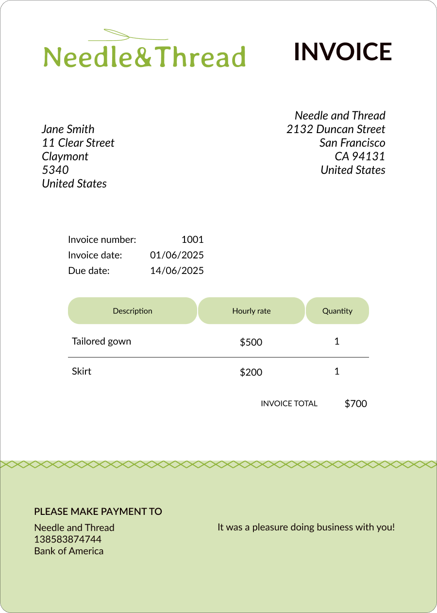 Invoice example showing an invoice for goods