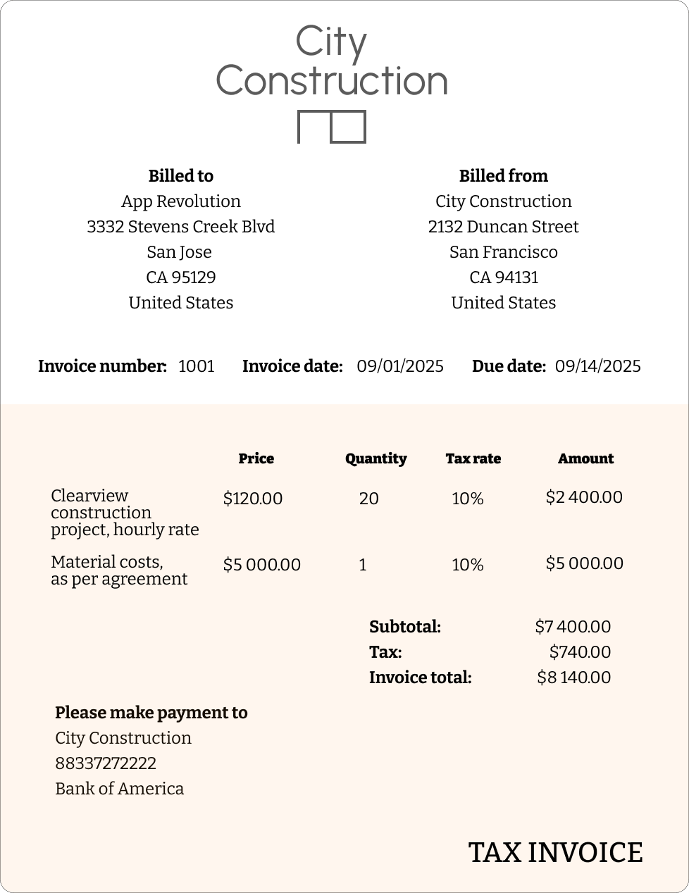 Invoice example showing a construction invoice