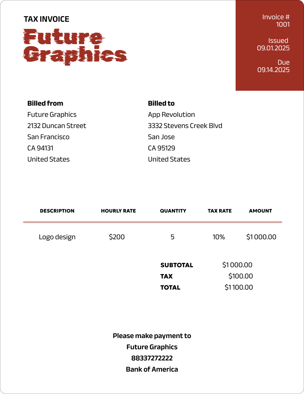 Invoice example showing a graphic design invoice