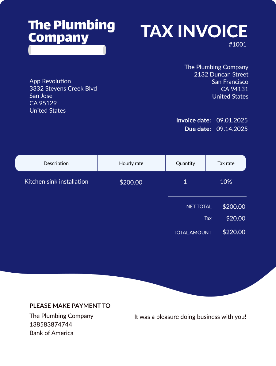 An example of a plumbing invoice