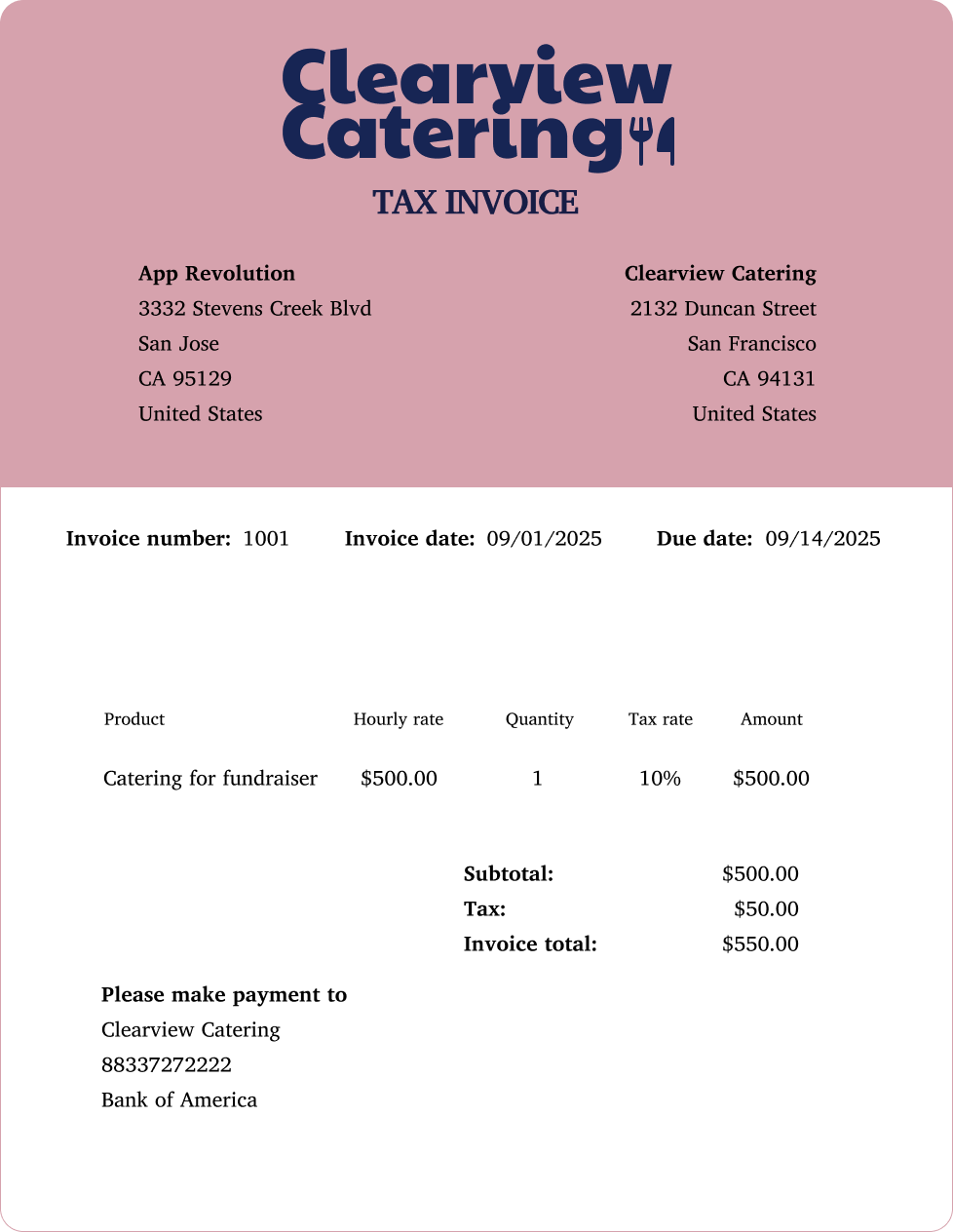 An example of a catering invoice
