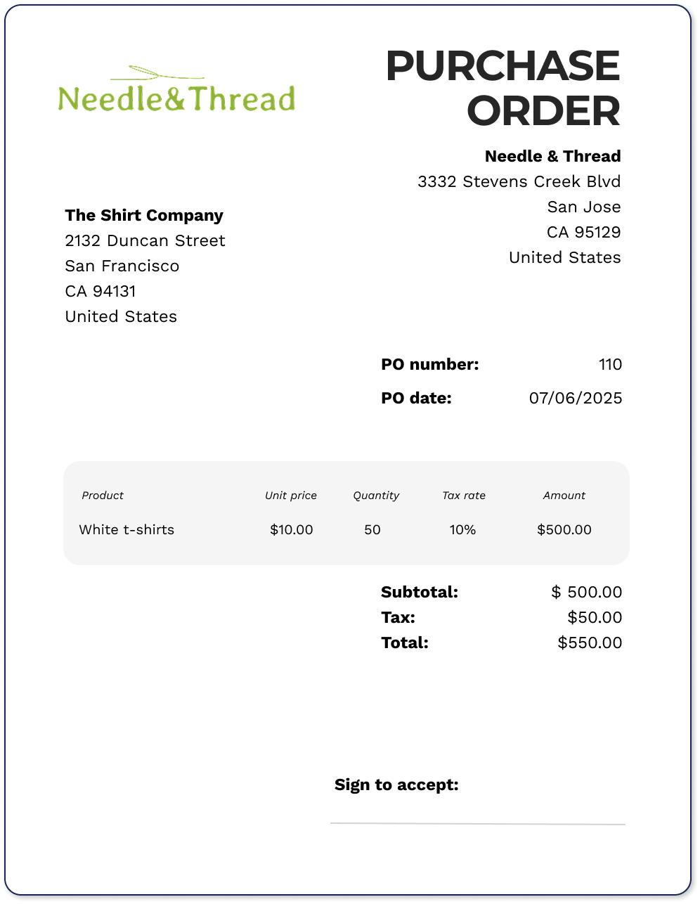 An example of a purchase order