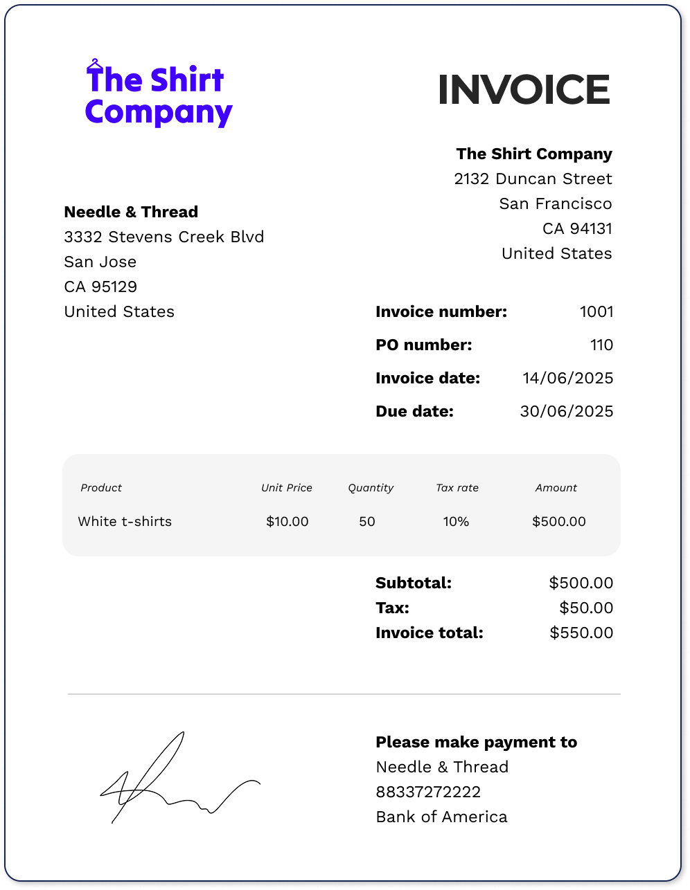 An example of an invoice attached to a purchase order