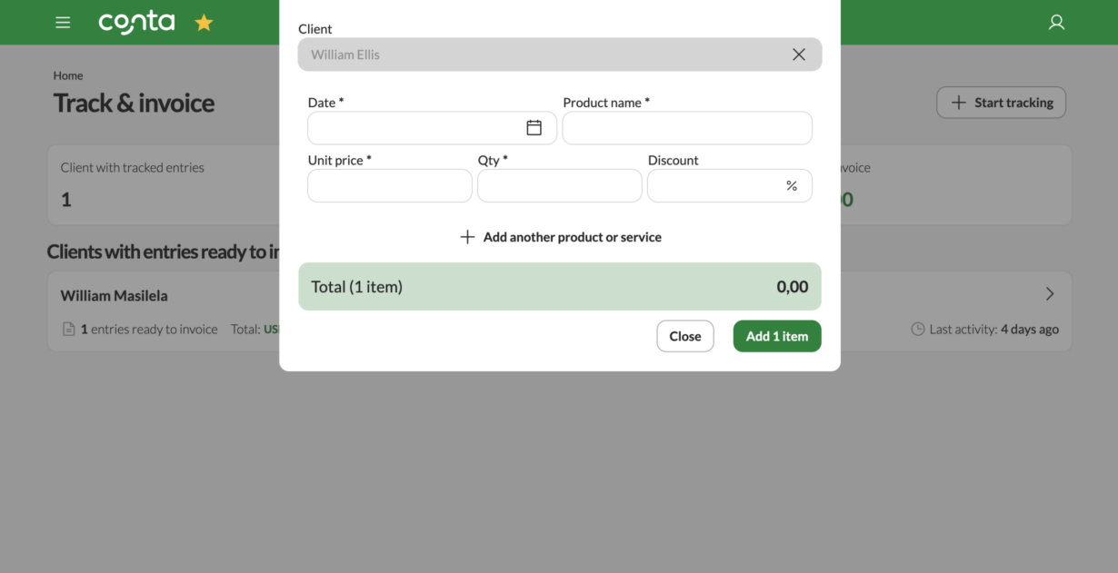 a screenshot from Conta invoice software showing the Track and invoice feature